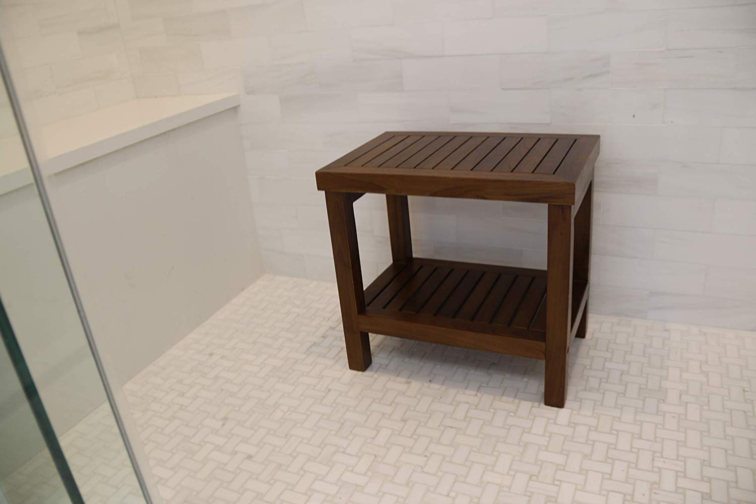 ALA TEAK Wood Shower Bath Spa Waterproof Stool Bench with Shelf Brown
