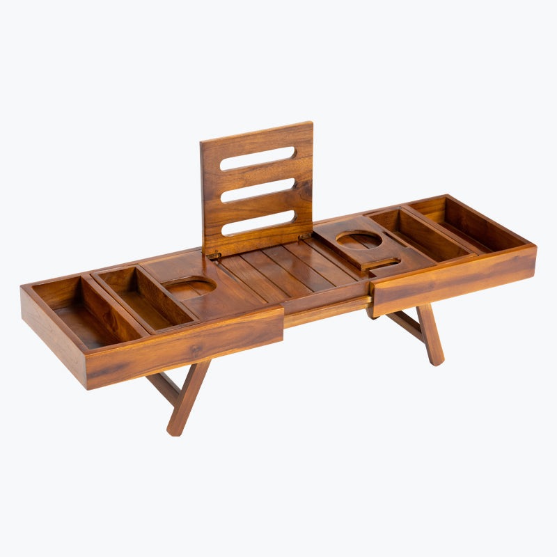 Ala Teak Wood Luxury Bathtub Caddy Tray with Extendable Sides and Bed Tray, Reading Rack, Tablet Holder