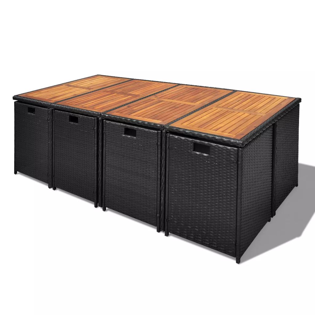 Outdoor Dinning Set 33 Pieces Black Poly Rattan Acacia Wood