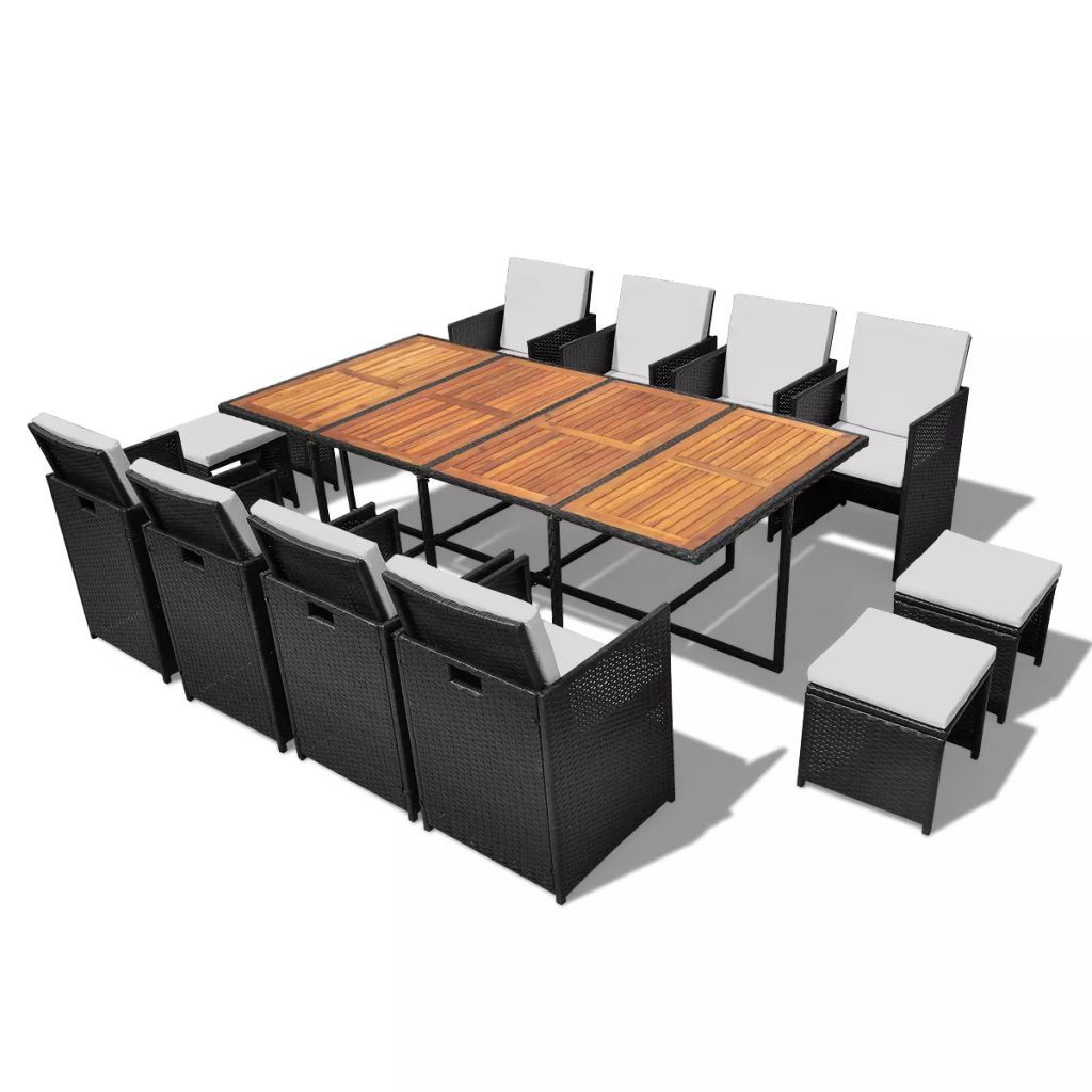 Outdoor Dinning Set 33 Pieces Black Poly Rattan Acacia Wood