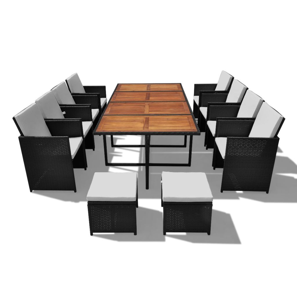 Outdoor Dinning Set 33 Pieces Black Poly Rattan Acacia Wood