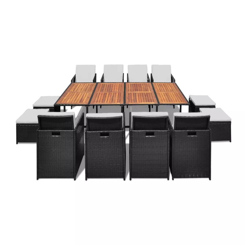 Outdoor Dinning Set 33 Pieces Black Poly Rattan Acacia Wood