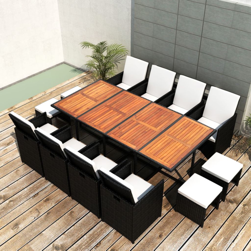 Outdoor Dinning Set 33 Pieces Black Poly Rattan Acacia Wood